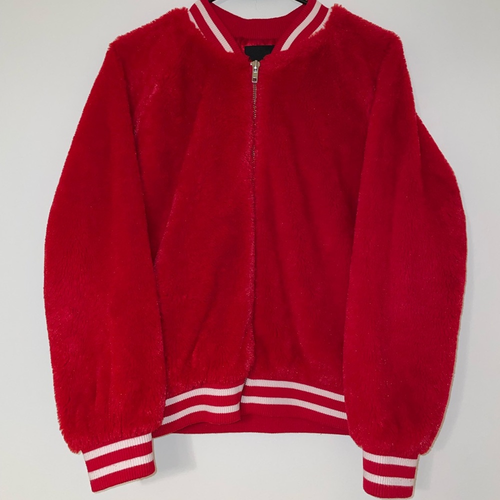 Fluffy Royal Red bomber jacket w/ satin